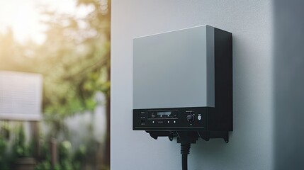 A residential solar inverter system with an electrical meter box, capturing sunlight from nearby solar panels.