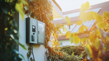 A residential solar inverter system with an electrical meter box, capturing sunlight from nearby solar panels.
