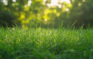 Beautiful blurred background of a lush green grass meadow. Lovely nature, spring and summer concept. Close-up of a freshly cut green grass field with a bokeh effect