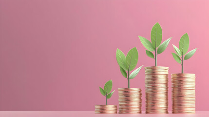 Growing Plants on Stacked Coins Representing Financial Growth on Pink Background