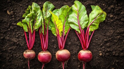 A rustic scene of fresh beetroots lying on garden soil, with their vibrant leaves creating a beautiful contrast.