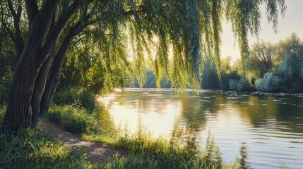 Obraz premium Serene Riverside with Weeping Willows By Generated AI