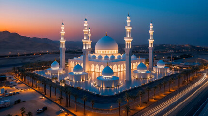 Fototapeta premium A grand mosque in golden light stands majestically at dusk. The blue domes and tall minarets shine in harmony with the modern city, creating a peaceful and mesmerizing spiritual atmosphere.