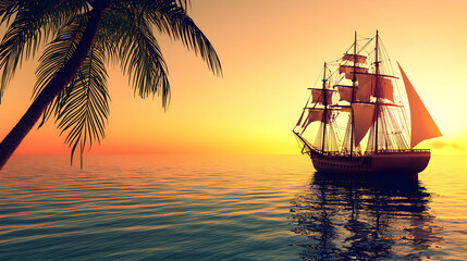 Obraz premium Silhouette Of A Sailing Ship At Sunset With Palm Tree