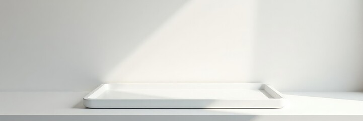 Simple white tray on minimalist shelf background, shelf, simple