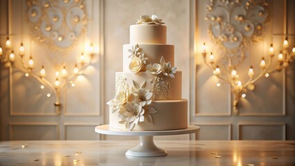 Elegant Four-Tiered Wedding Cake Decorated with Delicate Sugar Flowers on a White Cake Stand