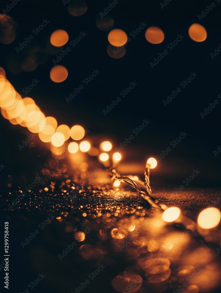 Wall mural a close-up of glowing lights on the bottom edge against a dark background, creating an abstract boke
