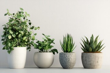 Obraz premium A beautiful 3D depiction of several popular houseplants, including ivy and aloe vera, placed in stylish pots against a white, neutral background.