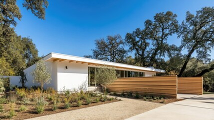 Obraz premium A sleek, modern white home nestled among tall trees, featuring a warm wooden-style fence and a peaceful outdoor setting.