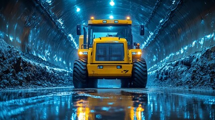 Yellow heavy machinery driving through a wet, dimly lit tunnel.