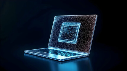 Abstract Blue Illuminated Laptop Displaying Digital Information Against Dark Background