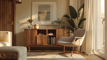 Interior of stylish living room with cozy armchair, plant and wooden cabinet