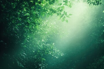 Fototapeta premium Sun rays shine through dense foliage in a vibrant forest