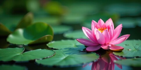Pink lotus flower and lily pads create a picturesque scene, lily pads, aquatic, peaceful