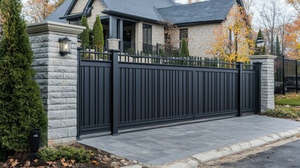 A sophisticated residential entrance with a dark anthracite fence, automated sliding gate, and stone slab driveway.