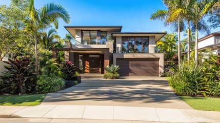 A stylish modern property with an anthracite panel fence, automated sliding garage gate, and a geometric slab driveway.