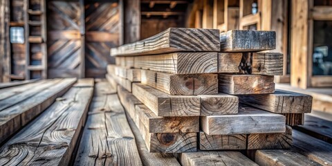Fototapeta premium A weathered stack of reclaimed lumber beams rests on a rustic wooden surface, showcasing the natural grain and texture of aged wood