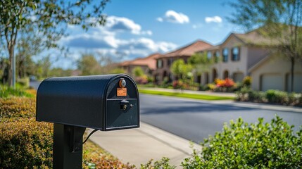 A suburban street with a black mailbox in the foreground and a row of charming houses in the background.