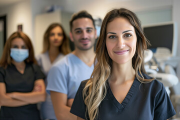 Photography of a group of Andorra dental clinic workers with the dentist in front.	

