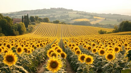 Fototapeta premium A sunflower field in full bloom, rows of bright yellow flowers in a cultivated area under a clear sky.