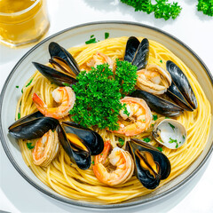 Flat-lay seafood spaghetti with shrimp, and mussel on a white background.  Generative AI.