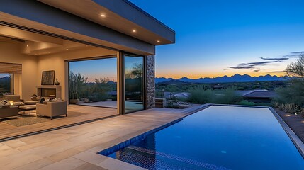 Fototapeta premium Modern Home with Pool Overlooking Desert Landscape at Twilight Hour