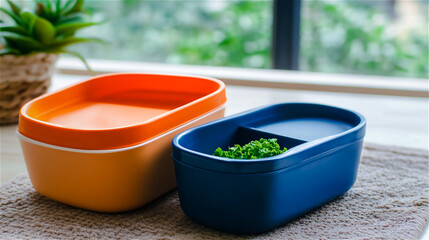 Blue and orange on a wooden table in the kitchen near the window. Generative AI.