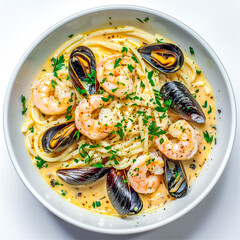 Flat-lay seafood spaghetti with shrimp, and mussel on a white background.  Generative AI.