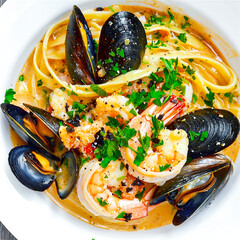 Flat-lay seafood spaghetti with shrimp, and mussel on a white background.  Generative AI.