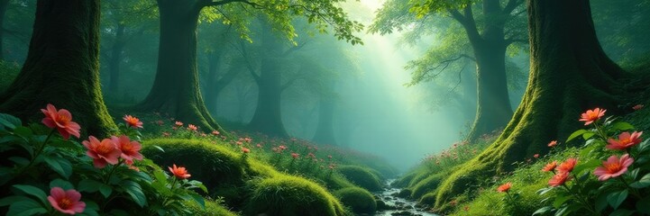 Obraz premium Lush foliage and flowers in a misty forest environment, botany, atmosphere