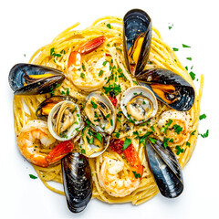 Flat-lay seafood spaghetti with shrimp, and mussel on a white background.  Generative AI.