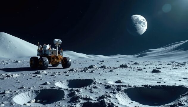 Lunar surface with a lone rover in the distance, terrain, moon