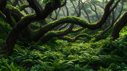 Naklejka premium Lush Green Forest with Sunlight Dappling Through Dense Canopy