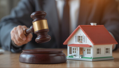 A judge slamming a gavel near a small house model, representing legal decisions in real estate and property disputes.