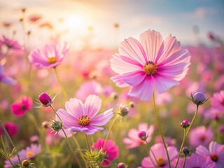 Vintage Pink Cosmos Flower Field Drone Photography - Soft Blurred Background