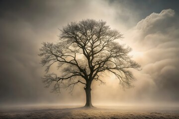 Obraz premium Solitary Deciduous Tree in Early Morning Mist, a Serene and Peaceful Landscape