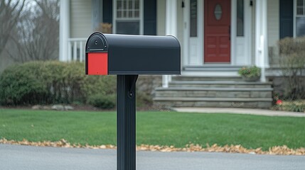 Classic black mailbox with a red flag, standing on a sturdy post in front of a charming single-family home.