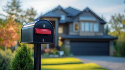 Classic black mailbox with a red flag, standing on a sturdy post in front of a charming single-family home.
