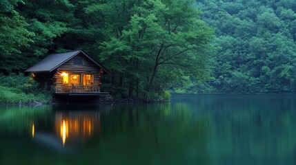 Obraz premium Lakeside Cabin at Dusk