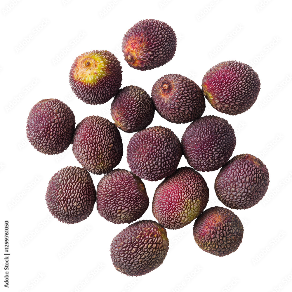Poster fresh and organic lychee fruits with unique texture and color on white background for culinary and n