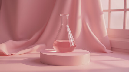 Glass Flask with Pink Liquid on Round Pedestal Surrounded by Soft Fabric and Natural Light in Warm Colors