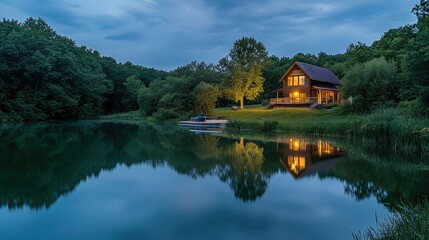 Obraz premium Lakeside Log Cabin at Dusk