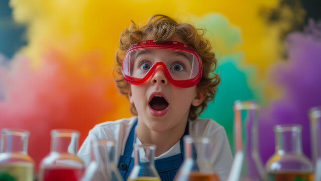 Young Scientist in Laboratory Surrounded by Colorful Smoke with Beakers and Test Tubes in Excitement - Powered by Adobe
