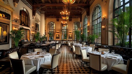 Elegant Restaurant Interior with High Ceilings and Patterned Floor