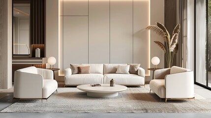 Interior of stylish living room with comfortable sofas, white armchairs and minimalistic furniture