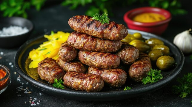 Juicy Romanian mici stacked on a plate, served with mustard and pickles. Traditional grilled meat rolls.
