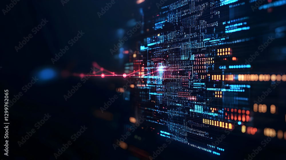 Poster abstract digital data visualization with blue and red light displaying a network grid with a dark ba