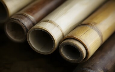 Closeup of Natural Bamboo Tubes Stacked  Texture Background