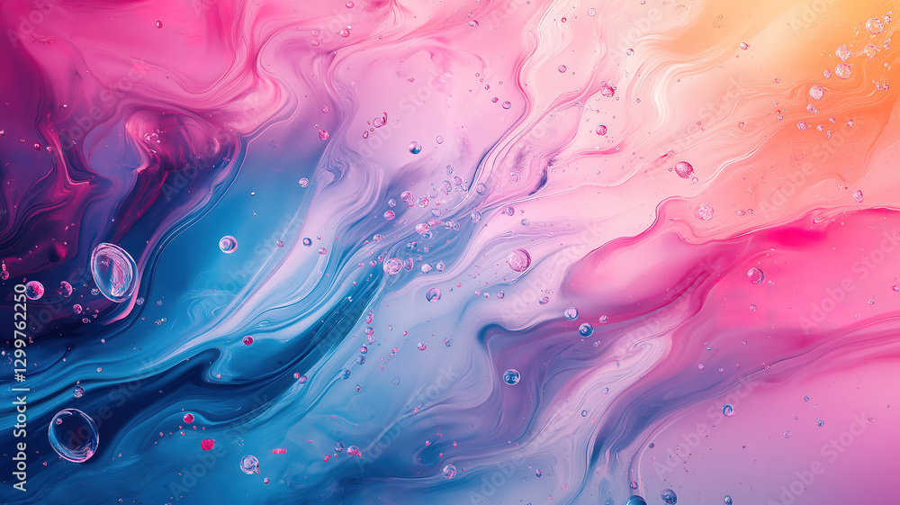 Poster color splashes on water creating an abstract and dynamic studio backdrop with vibrant hues