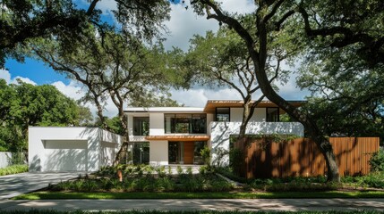 Fototapeta premium Modern white home with a striking wooden-style fence, surrounded by trees and a well-kept front yard.
